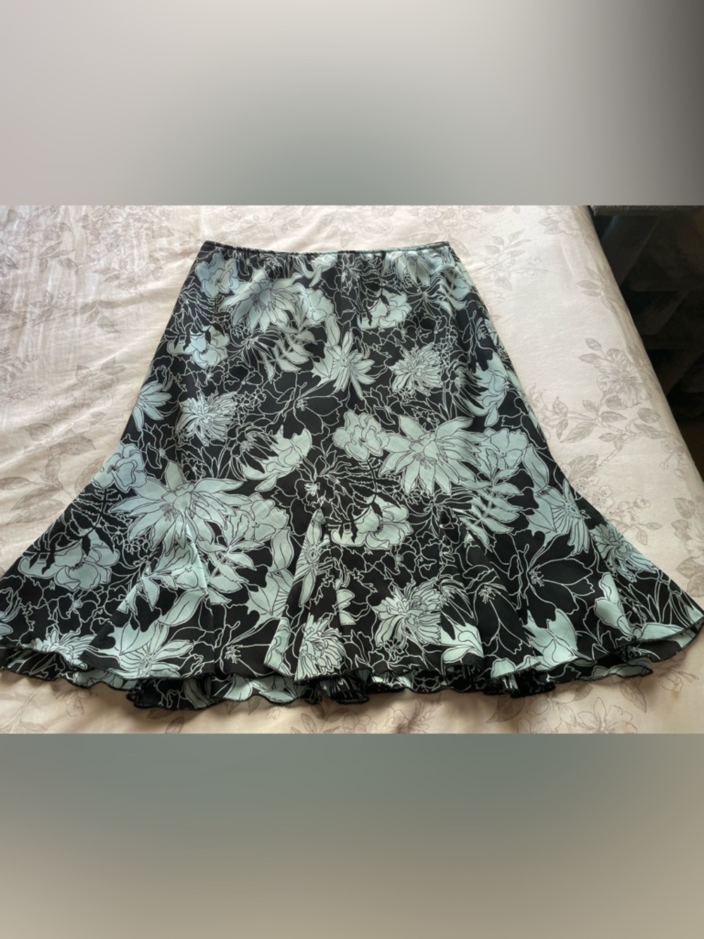 Vintage Black Blue Floral Ruffle Trim Slip Skirt 14 Whimsigoth Dark Romantic 90s